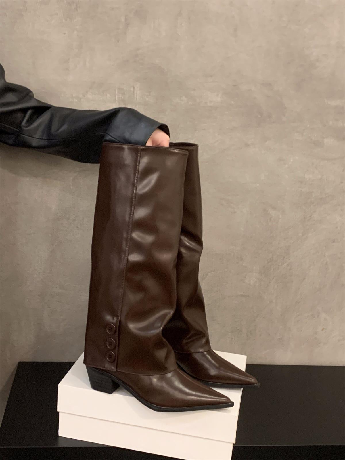 

Белые брюки на высоком каблуке, длинные рыцарские сапоги, женская обувь, новая весна 2025, коричневые наборные остроносые сапоги 39