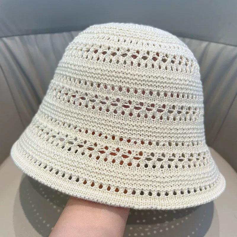 Solid Knit Hollow Out Bucket Hat Women Spring Summer Breathable UV Sun Protection Fisherman Hat
