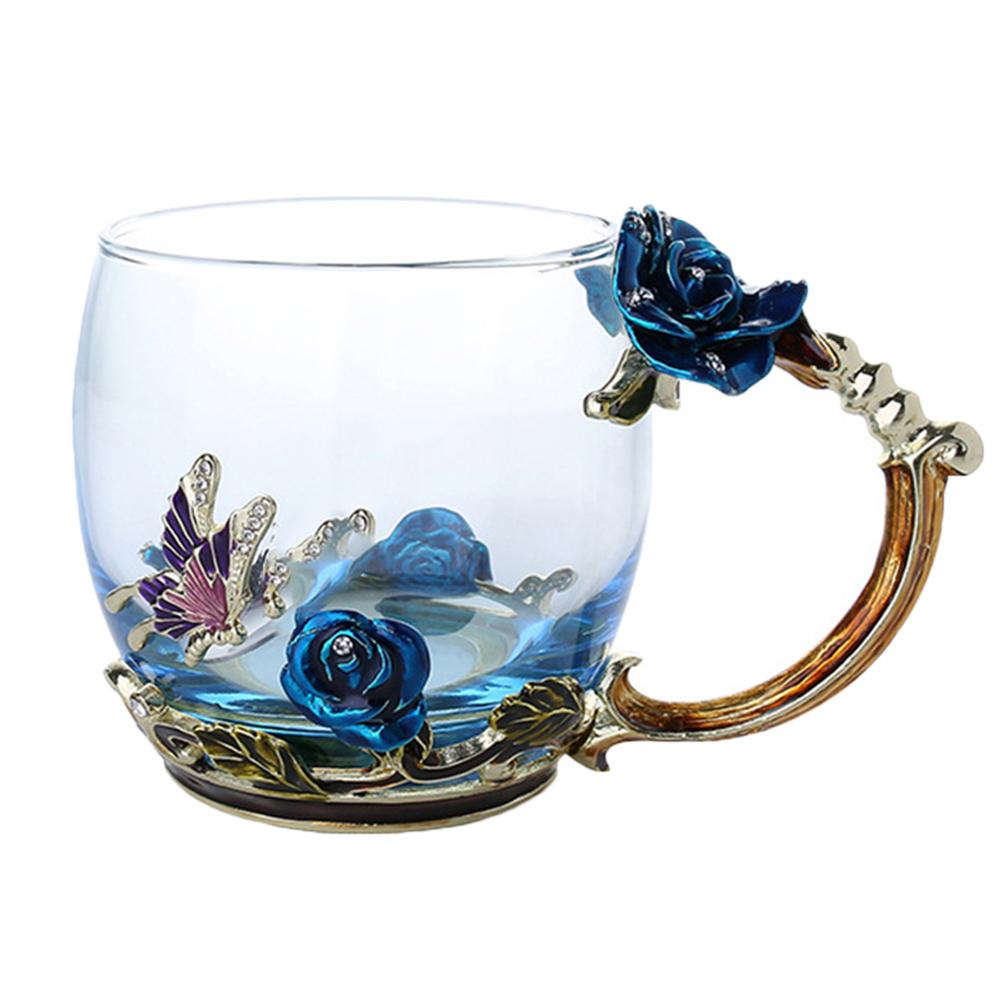 Rose Flower Cup Enamel Water Cup Heat-resistant Glass Cup Enamel Coffee Tea Cup Mug 3D Rose Butterfly Glass Cups Wedding Gift