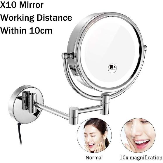 8.5 Inch Magnifying Makeup Mirror with LED Lights, Hard Wired Wall Mounted Adjustable Cosmetic Mirror, Brass Double Sided Vanity Mirror, Bathroom