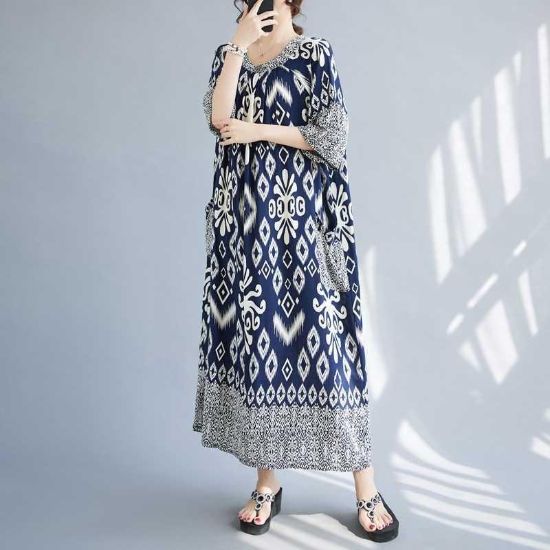 Summer New Temperament V-neck Mid-length Dress Retro Printing Loose Dresses