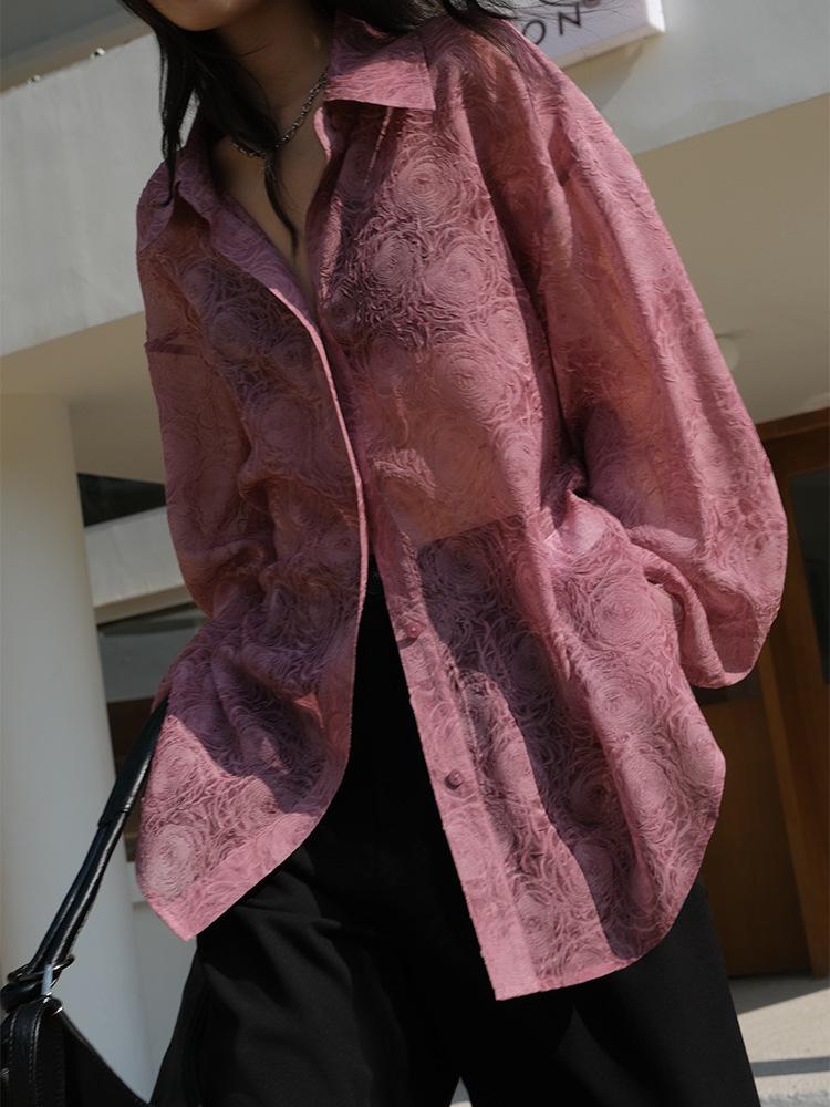 

Весенняя шикарная блузка с длинными рукавами и тиснением, с полупрозрачным дизайном