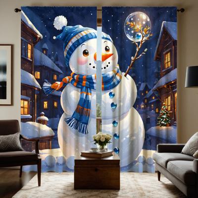 Set Of 2 Hd Snow Night Warm Snowman Decorative Curtain White Tie Digital Printed Home Decoration Style Liv Polyester