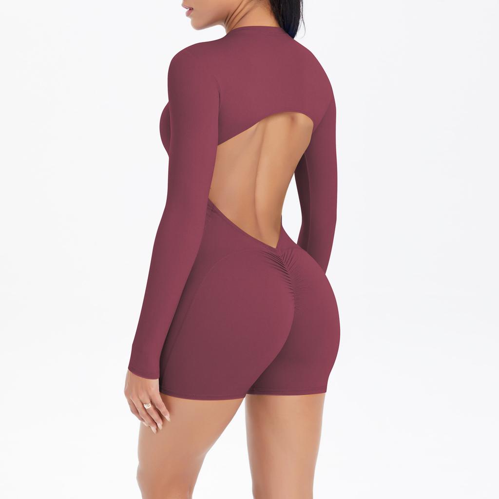 Hollow Out Back Half Zip Jumpsuit With Peach Lifting Buttocks For Sports And Fitness, Naked Sensation, Quick Drying Jumpsuit Yoga Suit For Women