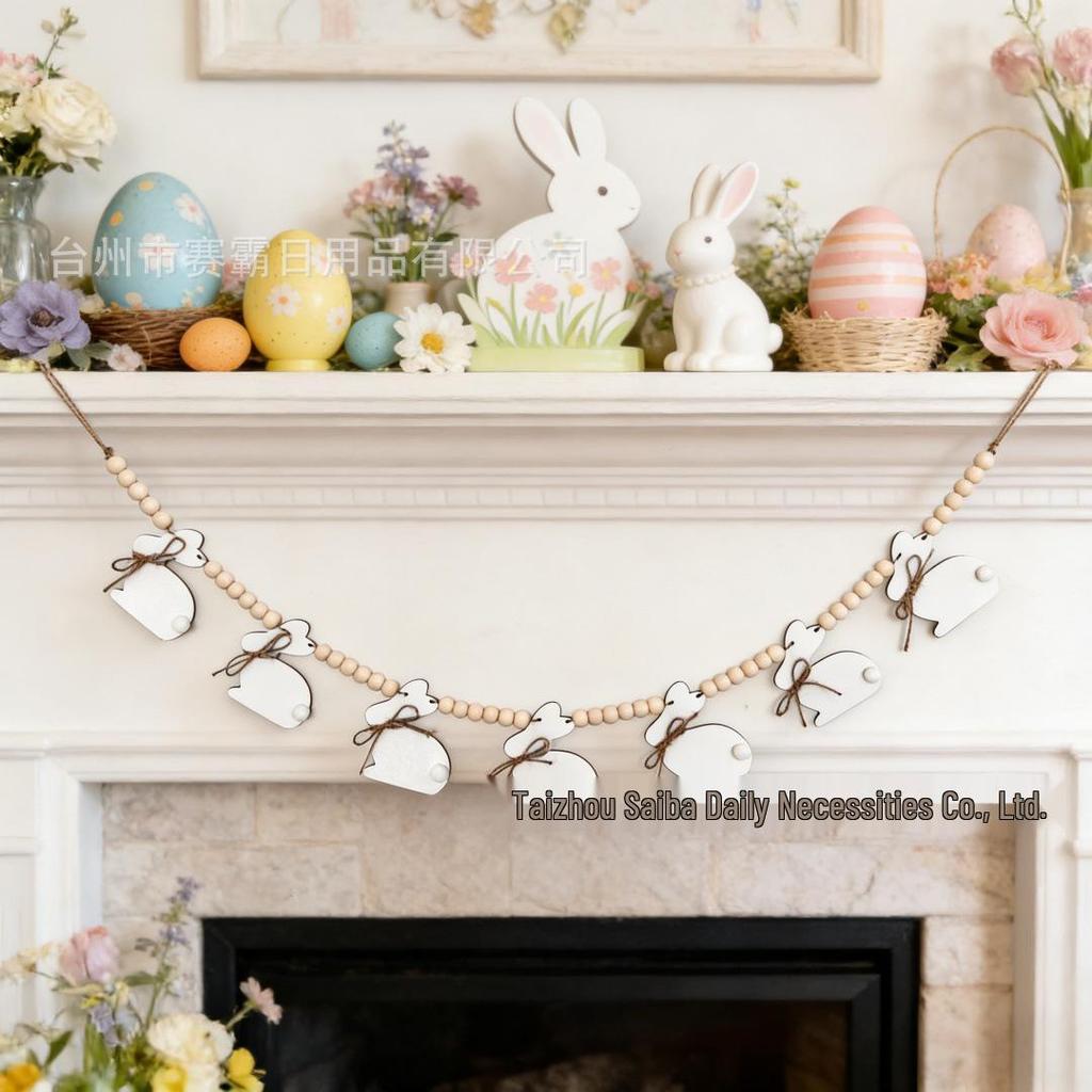 Pastoral Easter Rabbit Hanging Ornament: Handmade Wooden Bead Wreath for DIY Party Decoration