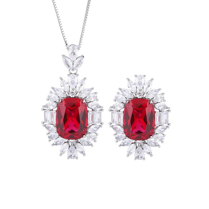 Jewelry Copper Bottom Plating Simulation Red Corundum Sapphire Fat Rectangular Light Luxury Temperament Set Female 12 * 16