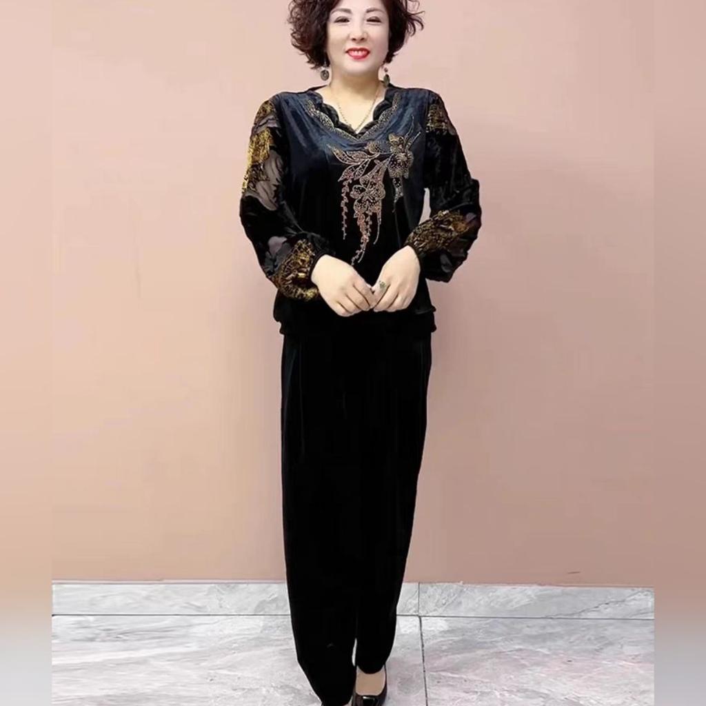 2pcs Pants Suit High-end Autumn Retro Women's  Plus-size Velvet Printed Blouse High-waist Velvet Harem Pants Two-piece Set
