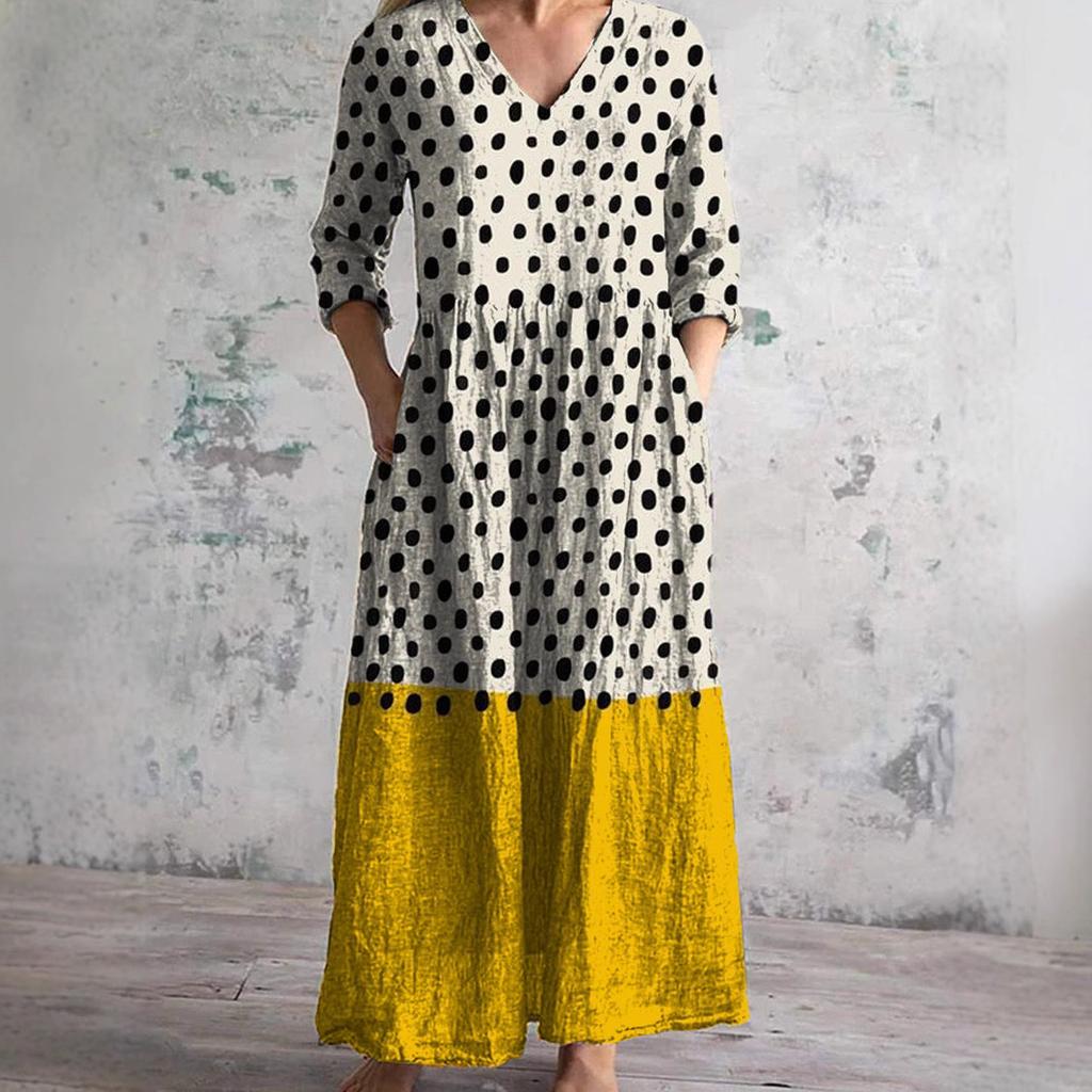 Damen Langarm V-Ausschnitt Maxi Kleid mit Streifenmuster, Knöchellanges Fließendes Kleid, Lässig Elegantes Kleid