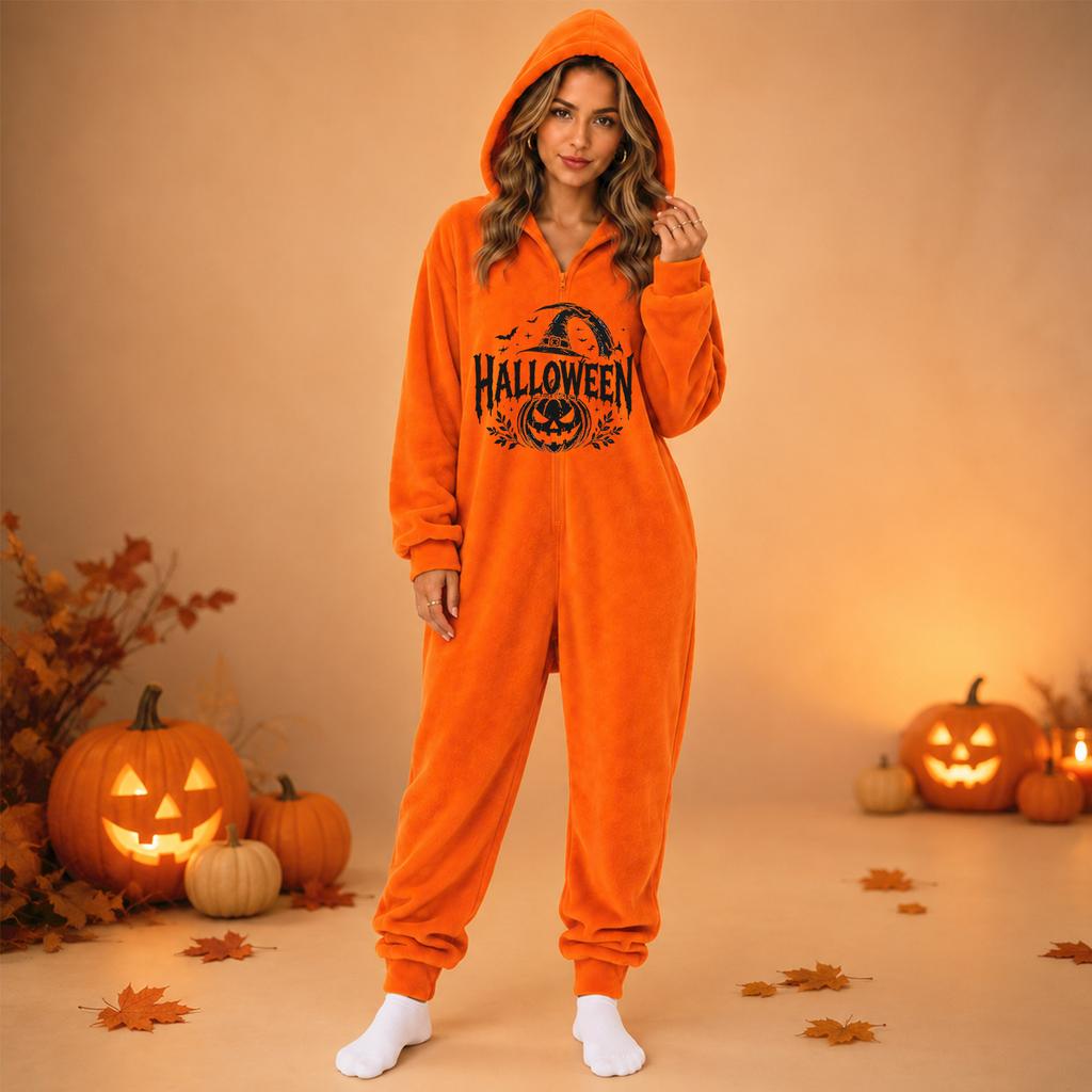 Women's Flannel One-Piece Jumpsuit with Halloween Print for and Costume Wear