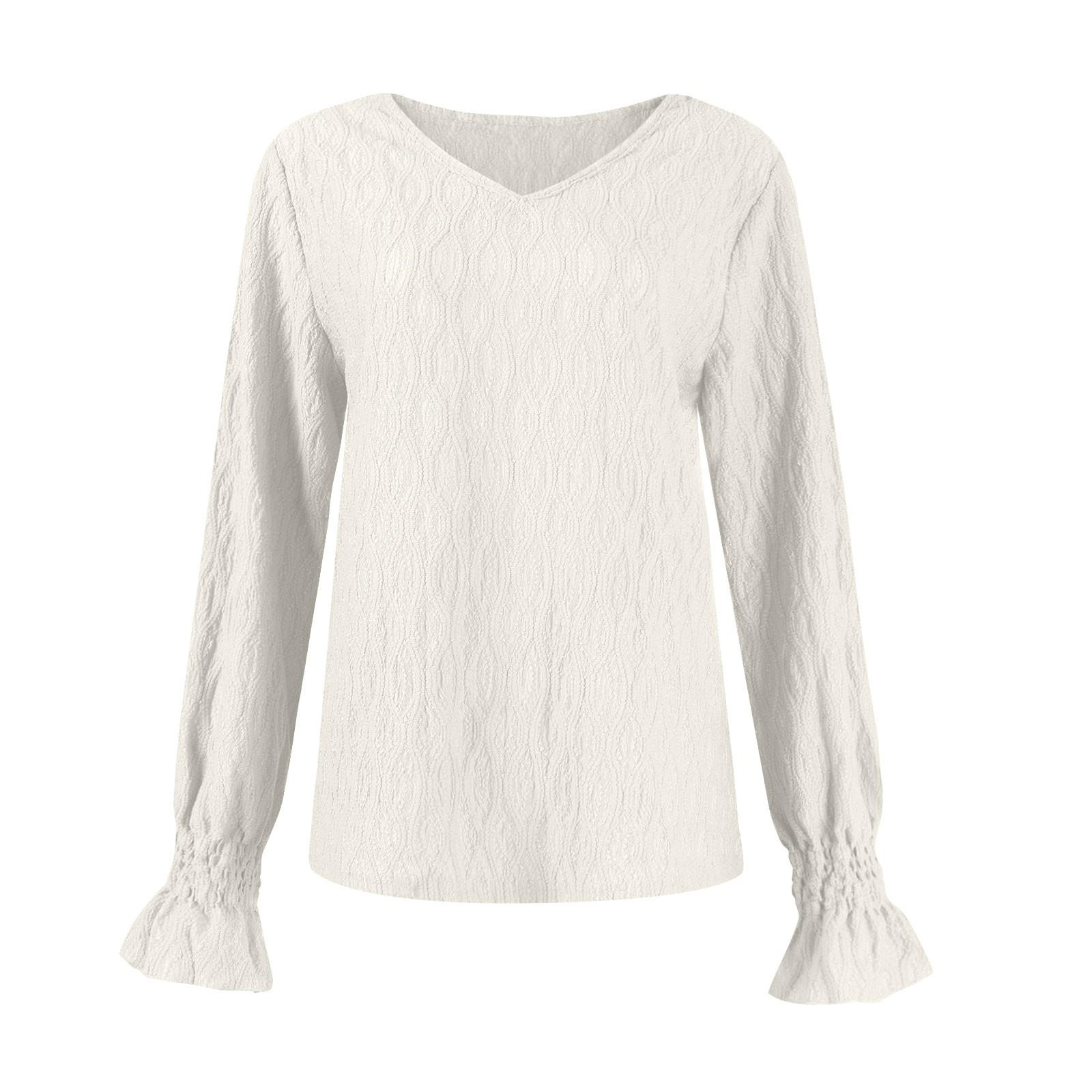 Женская модная однотонная футболка с V-образным вырезом и длинным рукавом на осень — фото 6