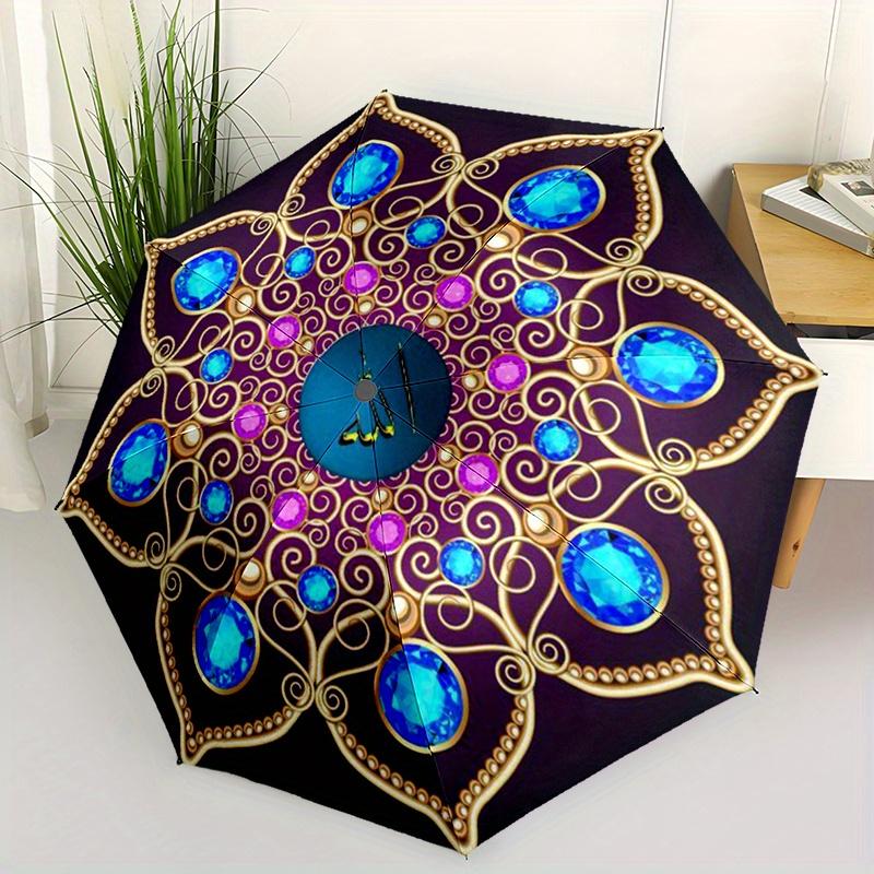 

1pc Blue Crystal Decorative Mandala Artwork Umbrella with Elegant Iron Frame & Plastic Handle - Automatic Open, 8-Rib Durable (as the picture,Iron&8K)