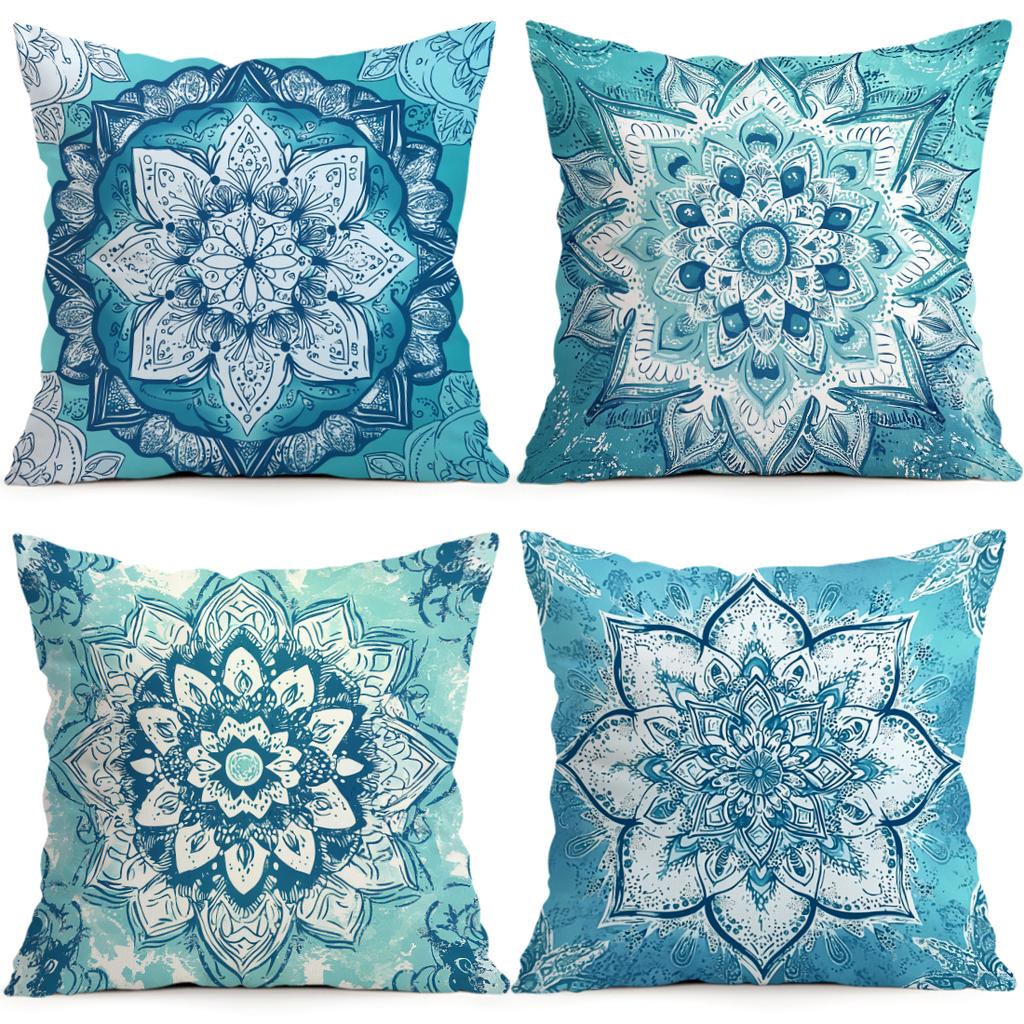 1/4pcs Teal Mandala Cushions Pillowcase Polyester Cushion Cover Throw Pillow Pillowcover Home Car Sofa Decor