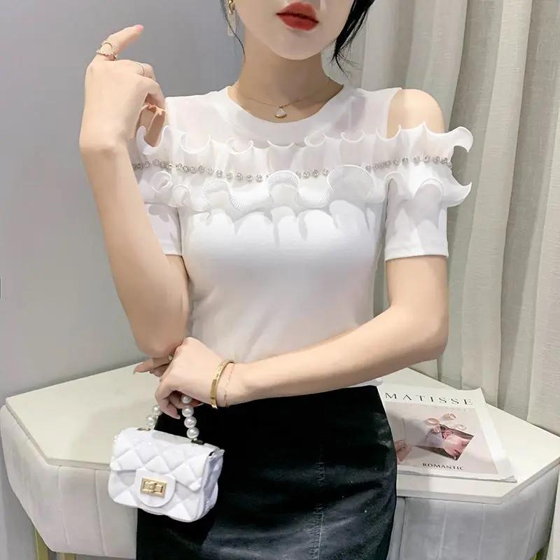 Women s White Off Shoulder Ruffle Rhinestone Trim Slim Short Sleeve T-shirt S белый