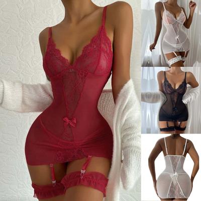 Sexy Dessous für Damen, Spitze, Schleife, Schlinge, Höschen, Nachthemd, Set mit Spitzennähten
