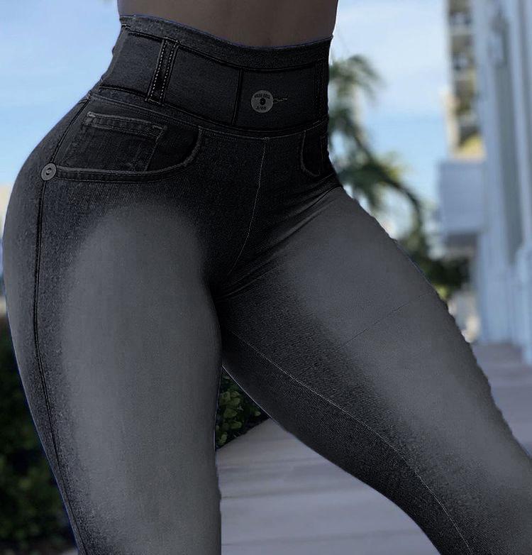 High-Waisted Plus Size Women's Faux Denim Leggings for Fitness & Yoga