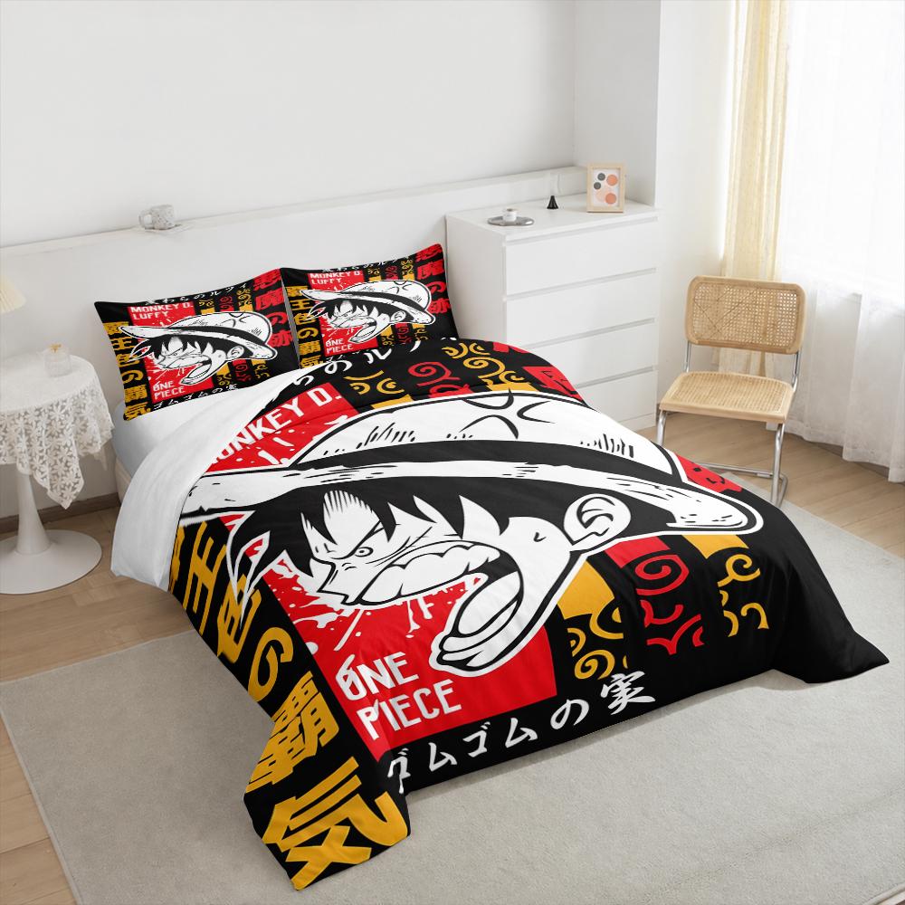 3 Piece Bedding Set Monkey D Luffy One Piece Anime Angry Portrait Print Red Black Duvet Cover for Adult Fan Gift