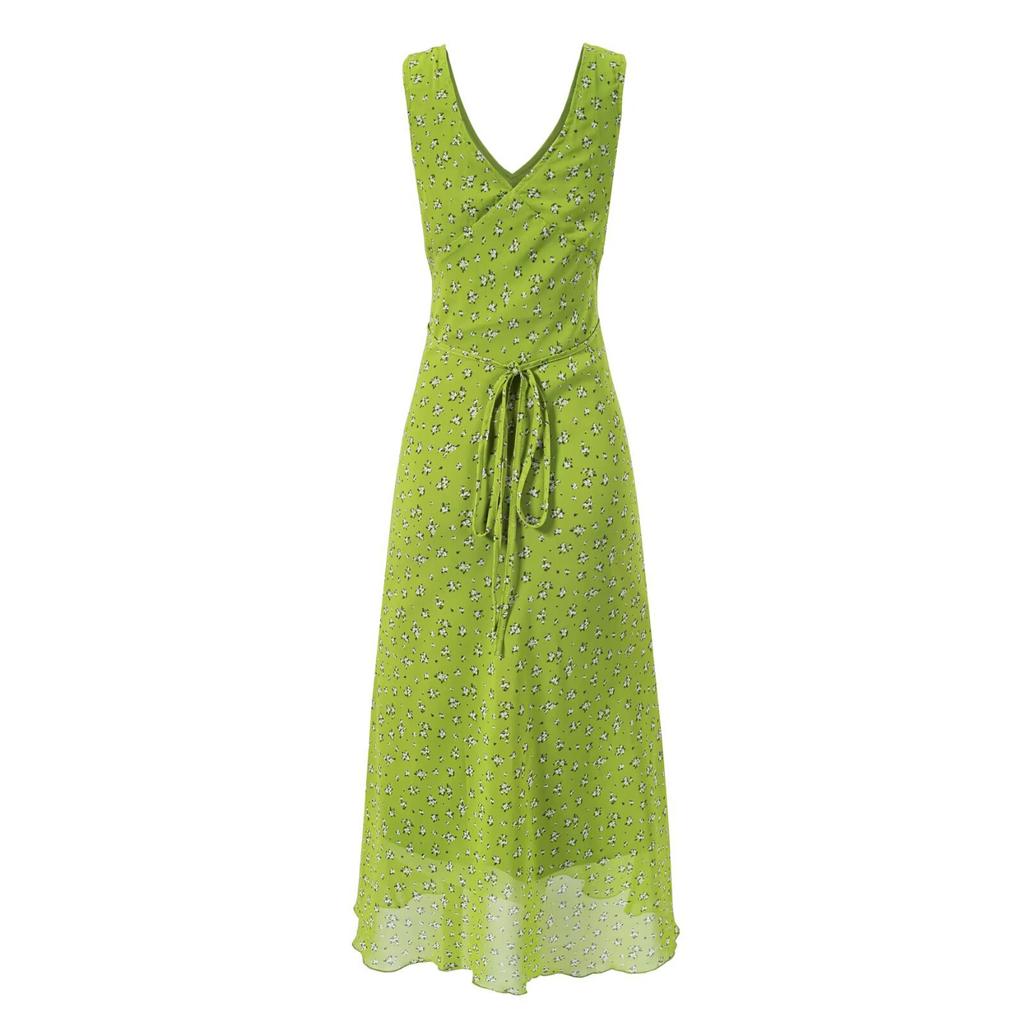 French green floral V-neck suspender dress women's summer pure desire wind ruffle leaf edge coffee break dress hip wrap dress