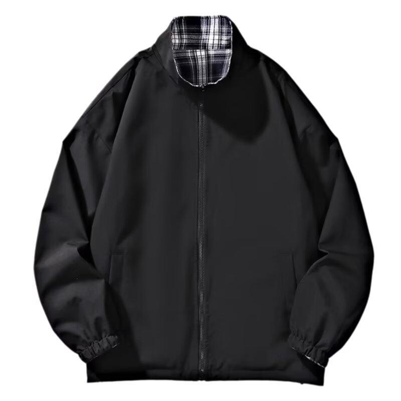 Men's Casual Double-Sided Plaid Patchwork Jacket - Stand Collar, Versatile Spring/Autumn Outerwear in American and Japanese Style