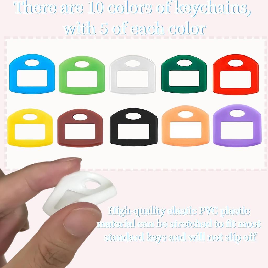50 Pack Colored Key Covers with Labels - Silicone Key Identifier Caps for Home & Office Organization, Fits Standard House Keys, 10 Colors