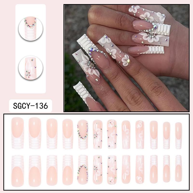 Long Press-On Nails With Adhesive Tabs Full Cover Fake Women INS Style Acrylic Nail Tips Reusable Wearable Art