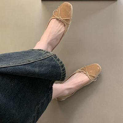 Velvet Shallow Shoes French Small Fragrance Bow Square Toe Soft Ballet Shoes 2025 Summer New Comfortable Slip-on Flat Shoes