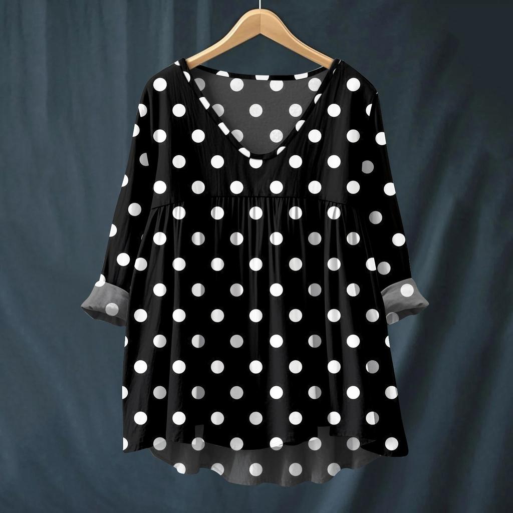 Women's Fashionable And Casual Shirt Long-sleeved V-neck Print Cotton And Linen Blouse