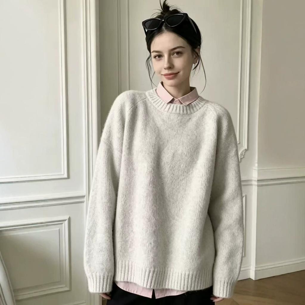 Lazy Wind Large Size Pullover Sweater Women's Autumn and Winter New Versatile Soft Waxy Thick Version Wool Blended Pullover