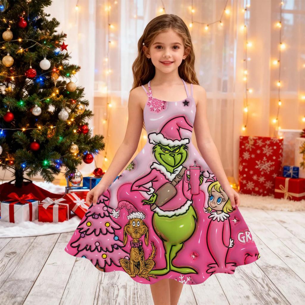 Children's Fashion Casual Christmas Print Off-Shoulder Punk Vintage Dress