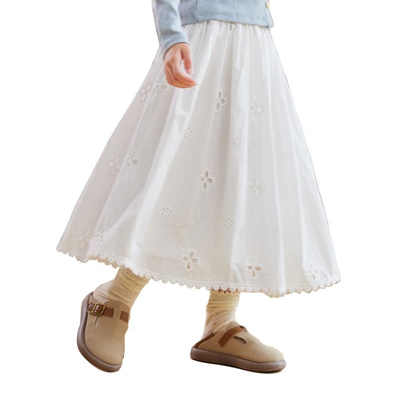 School Teens Girls White Embroidery Skirt Spring/Autumn Lace Flower Hollow-out Skirt Casual Versatile Cotton Skirt for Toddler