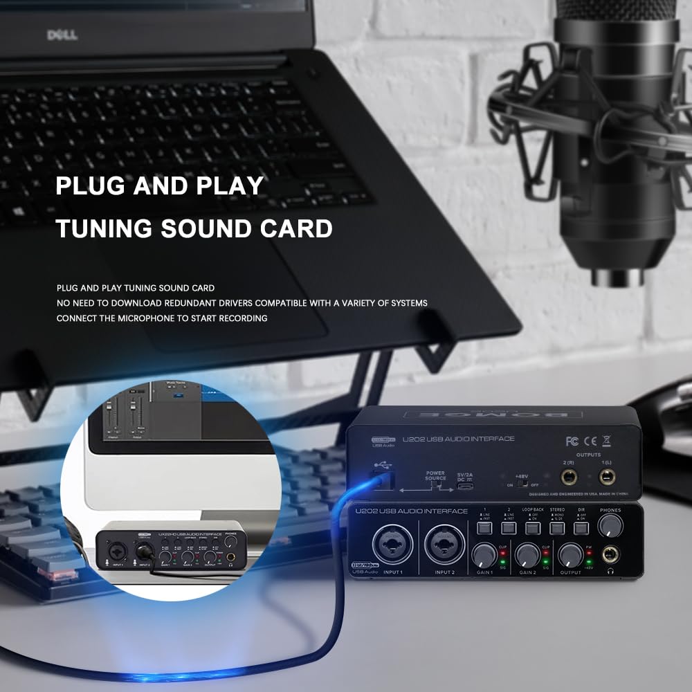 BOMGE U202 USB Audio Interface with Microphone Preamps, XLR/TSR/TS Ports, 48V, 32-bit/192kHz Resolution, for Computer Recording, Streaming, and Podcas