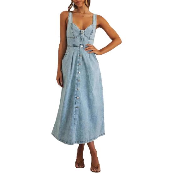 Denim Dress for Women Summer Casual Sleeveless Midi Dress with Pockets Button Down A-Line