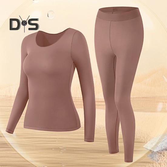 2 Pcs/Set Women Thermal Clothing Set Great Elasticity Long Sleeve Crew Neck Slim Fit Soft Warm High Waist Solid Color Top Pants Set Lady Winter