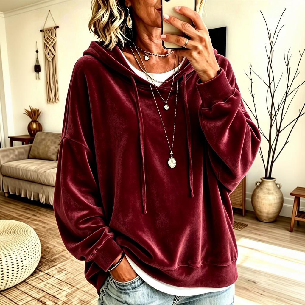 Women's Velvet Hooded Sweatshirt Casual Color for Fall Winter