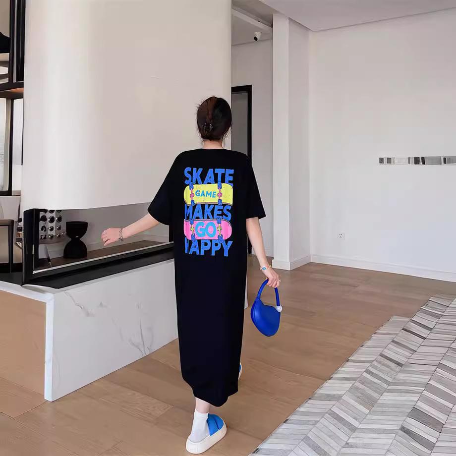 Fat mm summer clothes new lazy long short sleeves loose knee large size dress 100kg long skirt T-shirt skirt