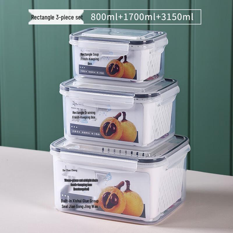 Sealed Drainable Food Storage Containers with Drain Basket - 3-Piece Set Rectangular 3-Piece Set