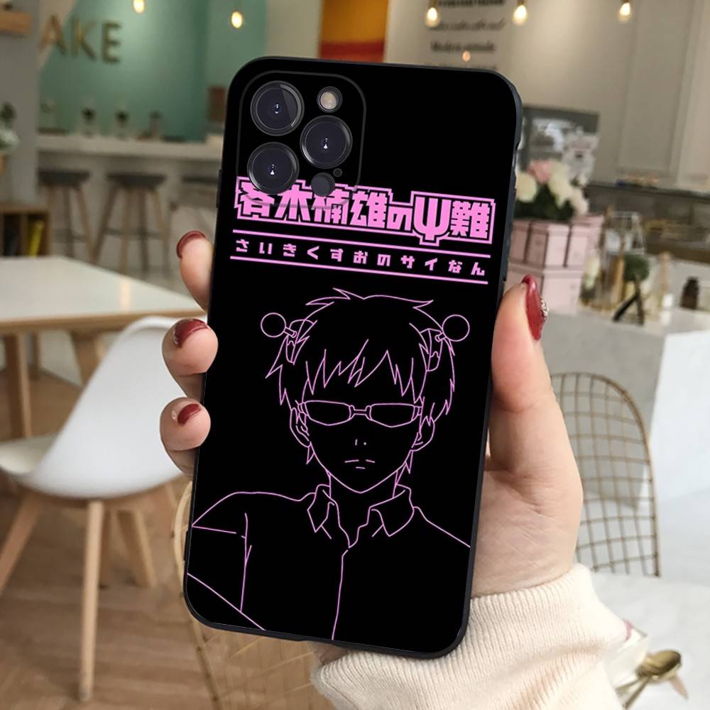 Cute Kitty Boy Saiki Kusuo Phone Case For IPhone 16 Pro Max 15 17 Plus 14 13 12 Mini 11 Black Cover
