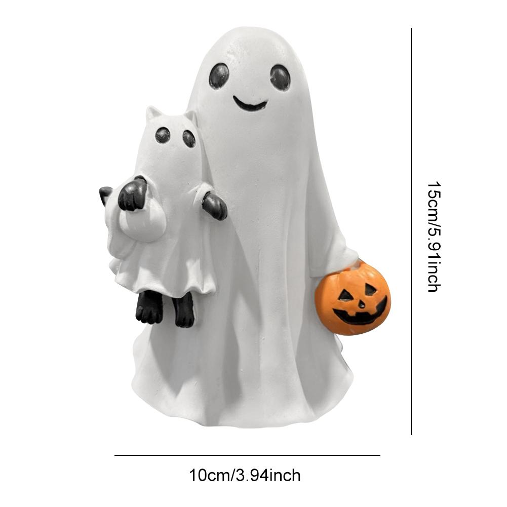 Halloween Ghost Holding Cat Statue with Pumpkin Spooky Ghost Resin Figurine for Party Home Shelf Table Centerpiece