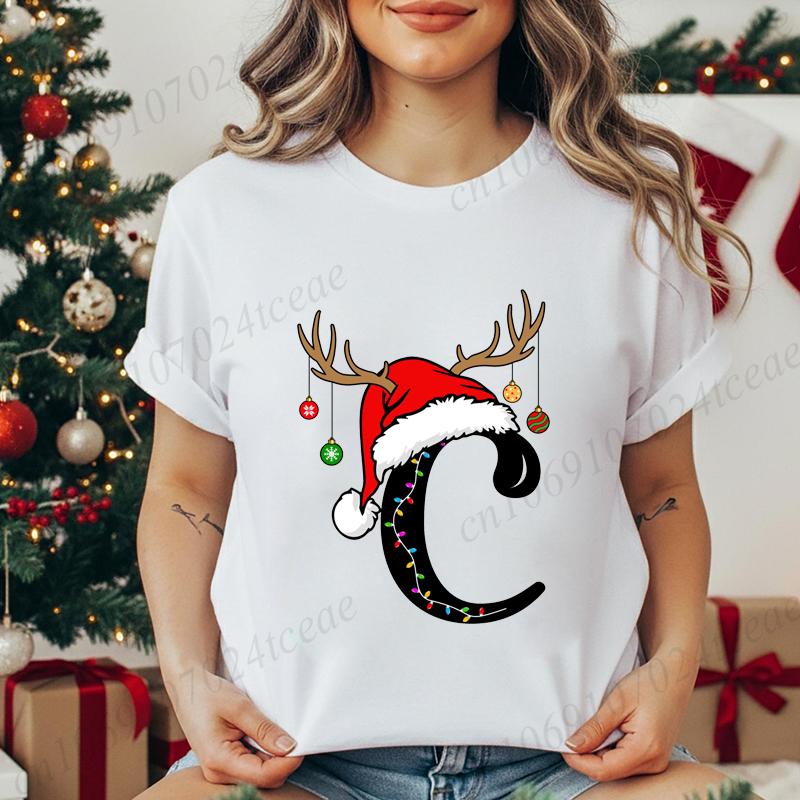 Fashion Christmas Alphabet Santa Reindeer Print T-Shirts Fashion Clothing Short Sleeve T-shirt Christmas Party Trend Women Tops