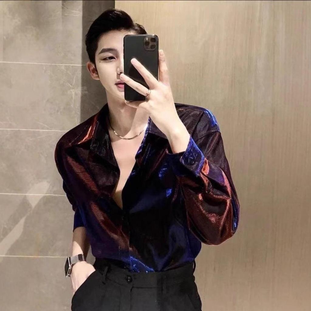 Men's Streetwear Long-Sleeve Pique Shirt - 2024 Spring/Autumn Collection, Loose Fit, Shiny Handsome Style