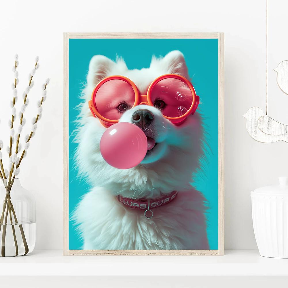 Fun And Funny Cute Dog Wearing Glasses And Blowing Bubblesr Art Poster Canvas Prints Mural Living Room Bedroom Home Decoration