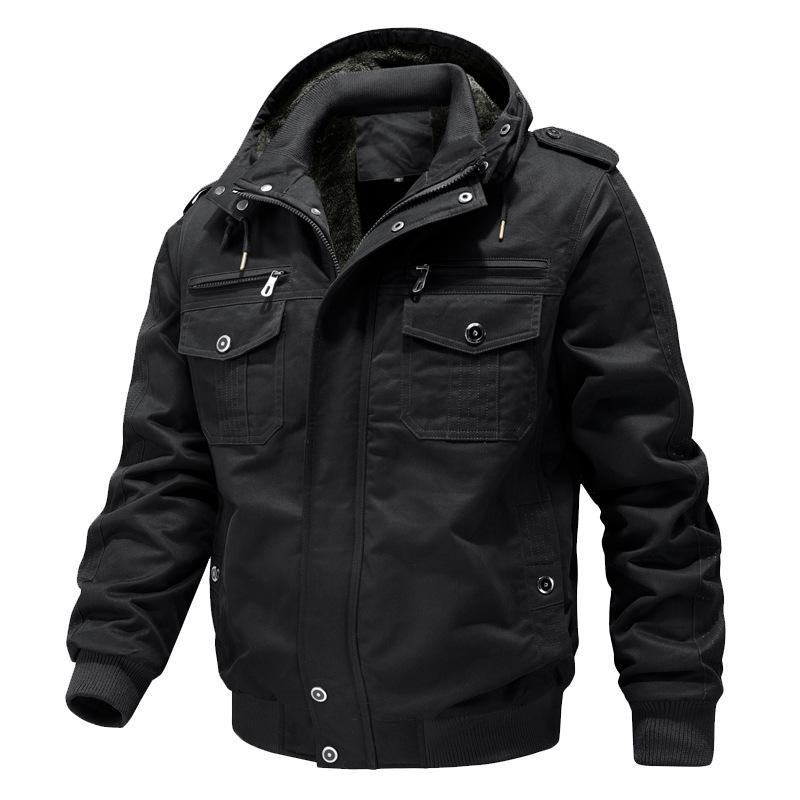 Men's Hooded Military-Style Washed Cotton Jacket with Velvet Lining