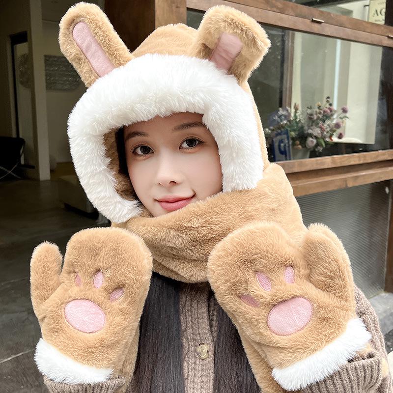 Women's Winter Rabbit Plush Hat, Scarf & Gloves Set - Cute, Thick, and Windproof.