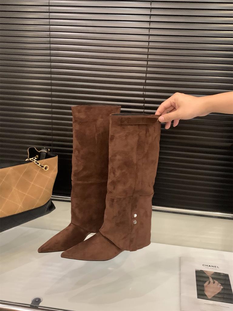 Keilabsatz Vintage Braun Maillard Hose Stiefel Damenstiefel 2025 Herbst/Winter Hoher Absatz Spitz Zulaufend Skinny Stiefel