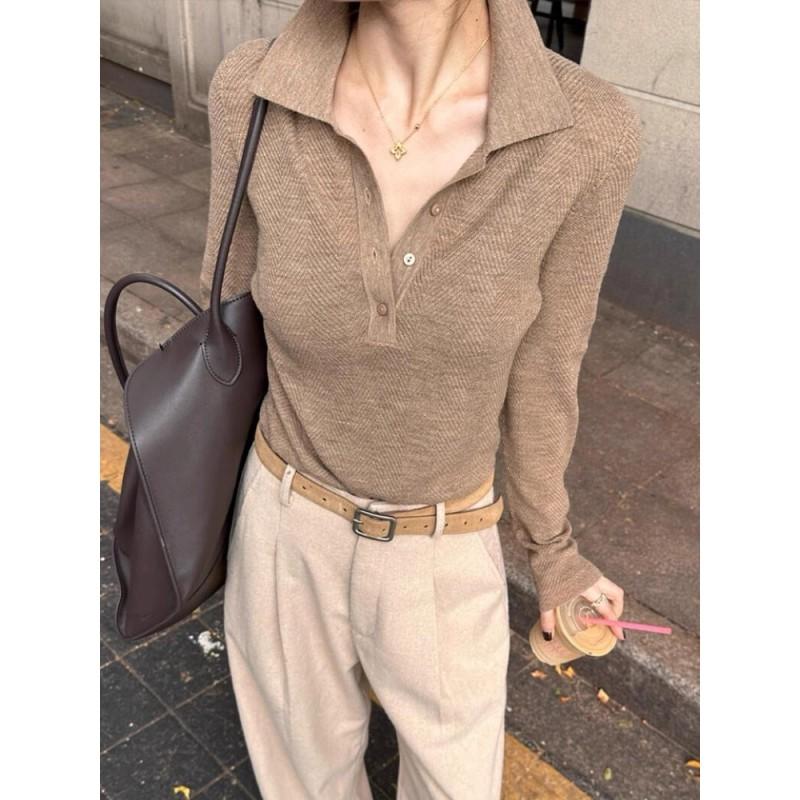 Minimalist Old Money Style Polo Neck Knit Sweater Womens Slim Fit Wool Blend Pullover Top