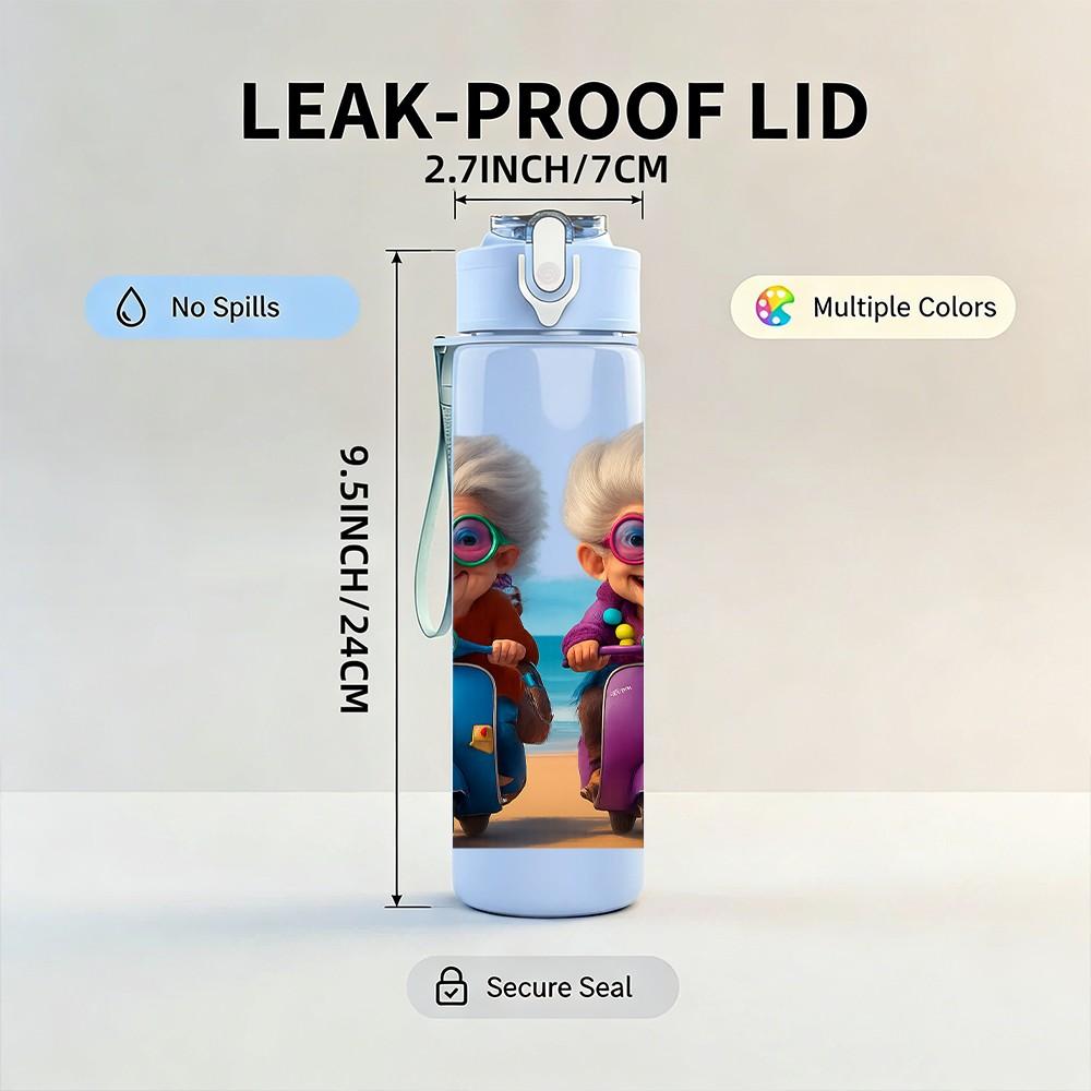 1PC Two Elderly Ladies Cartoon Print 750ml Color Plastic Sports Water Bottle Leakproof Flip Straw Lid Suitable for Sports Office Home Use