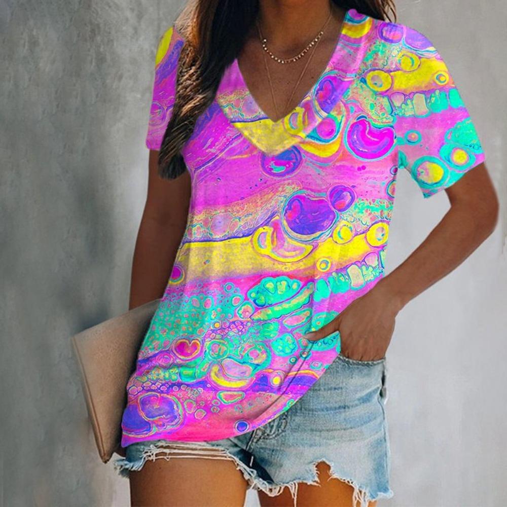 Summer Colorful Floral 3d Printing T-shirt Women's V-neck Short-sleeved T-shirt Top T-shirt