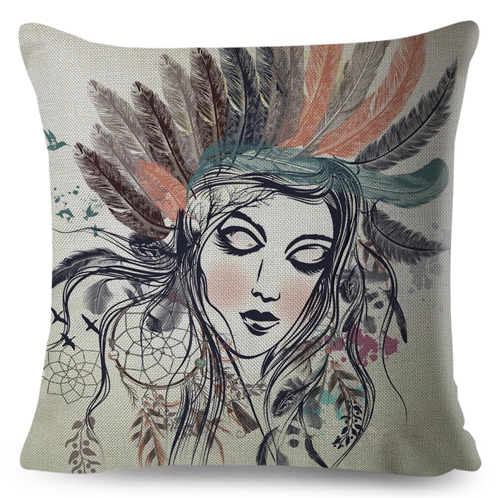 Fashion Woman Art Pillowcase Double Print Boho Lady Cushion Cover Soft Plush Portrait Pillowcase Home Decor