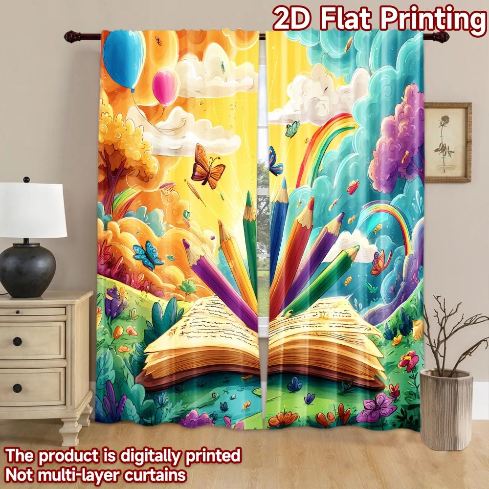 2D flat printing 2pcs Curtain Colorful book pencils sun butterflies Digital Printed Polyester Drapes Festive Wall Decor Perfect