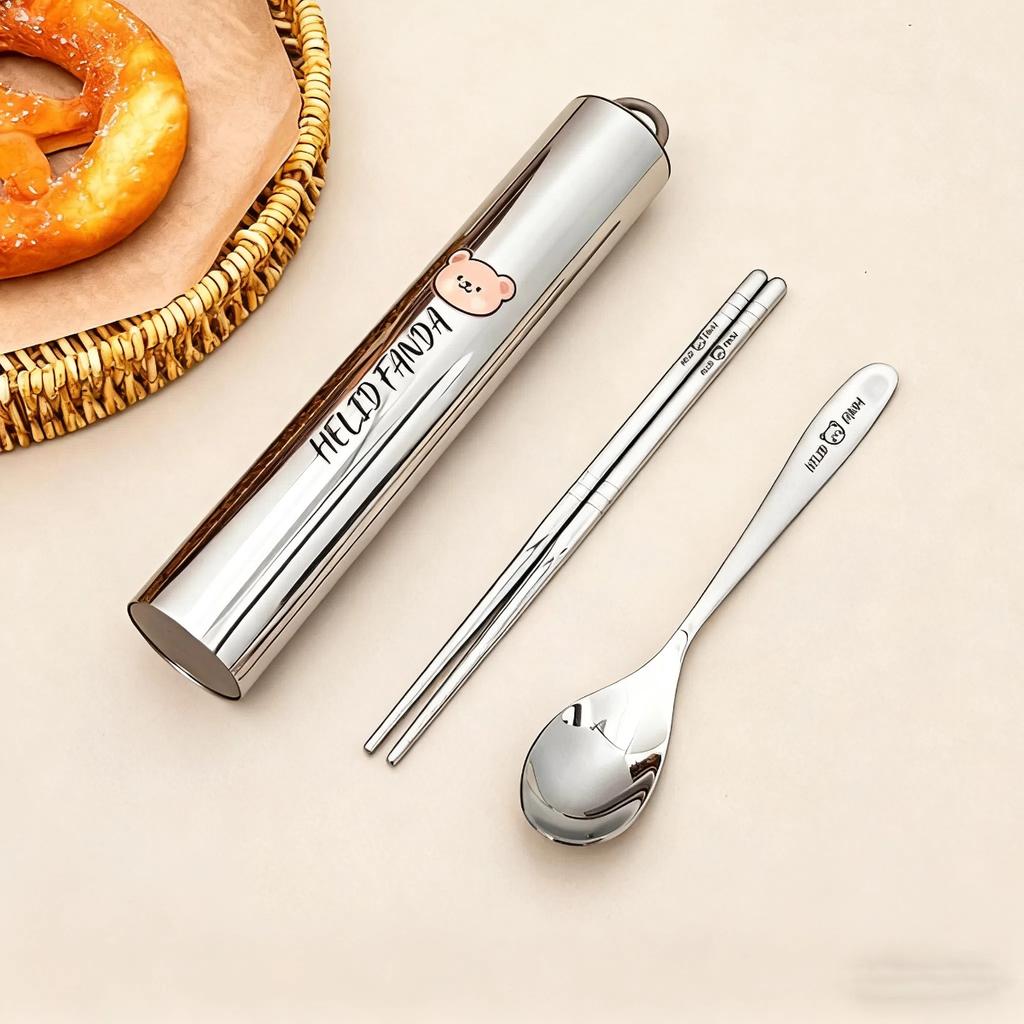 4pcs/set 304 Stainless Steel Tableware Set Portable Students Kids Cutlery Fork Spoon Chopsticks Dishwasher Safe Picnic Flatware