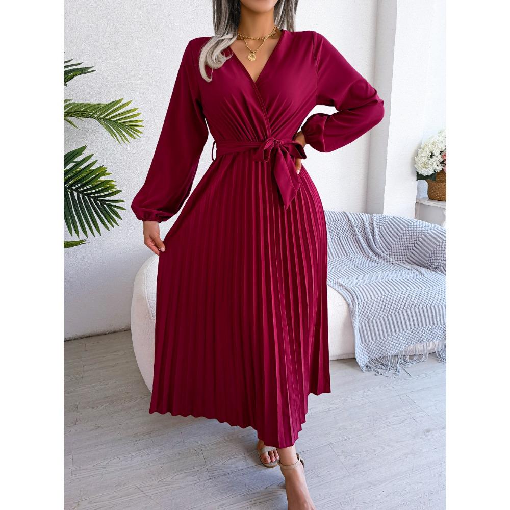 Spring and Summer Temperament Cross V-neck Big Swing Pleated Long Dress Ladies Loose Versatile New Dresses